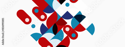 Abstract geometric shapes, red, blue, white. Overlapping circles, curves, modern design, simple composition. Clean aesthetic.