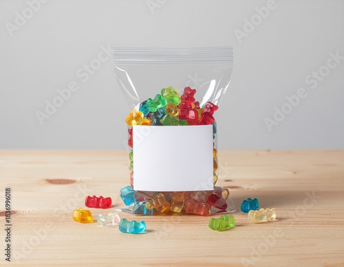 Gummy Bears Bag on Wooden Table: A colorful assortment of gummy bears in a transparent bag, with a blank label, rests on a natural wooden surface. Enhancing the vibrant hues of the candy.