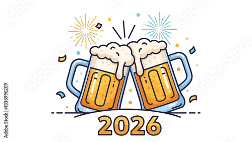Cheers to the Future: Two frosty beer mugs clink together, celebrating the upcoming year with joy, confetti, and fireworks, a perfect toast to new beginnings.