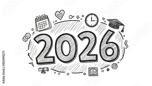 Year 2026 Illustration: A hand-drawn sketch, representing future, dreams, and aspirations.  Visual elements include a clock, a heart, a calendar, a graduation cap, and a diploma.