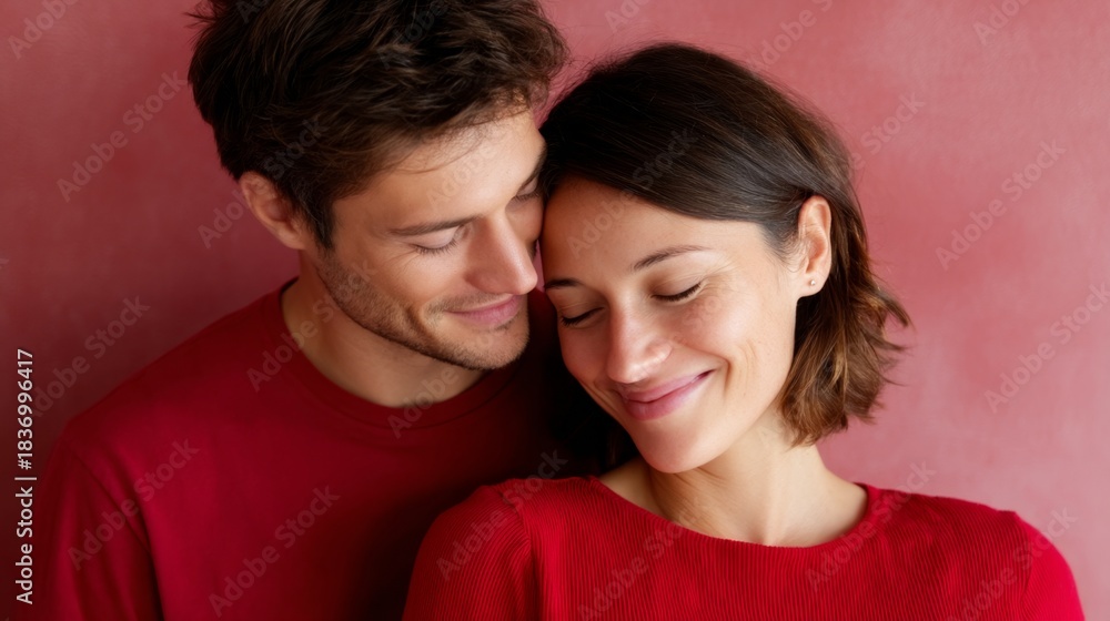 Fototapeta premium A couple shares a tender moment in matching red outfits. The warm colors enhance the intimacy of their connection. Perfect for love-themed content. AI