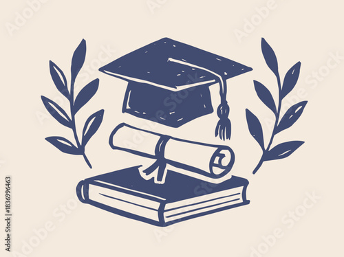 Graduation cap diploma and book hand drawn sketch vector illustration
