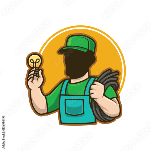 Electrician worker holding light bulb and wires, service logo Vector
