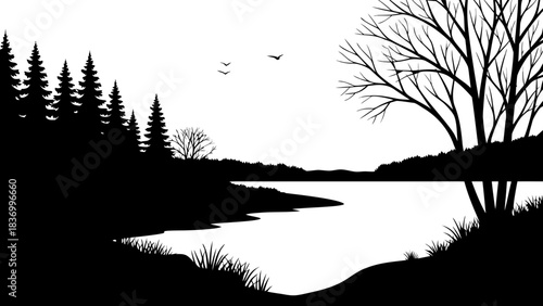 A serene nature landscape featuring trees reflecting in the still water of a foggy lake at sunset under a blue sky during a misty autumn morning