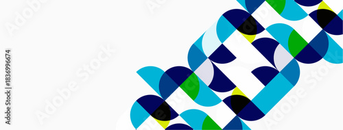 Abstract geometric pattern. Circles overlap creating dynamic visual texture. Blue, green hues dominate white background. Modern design element.