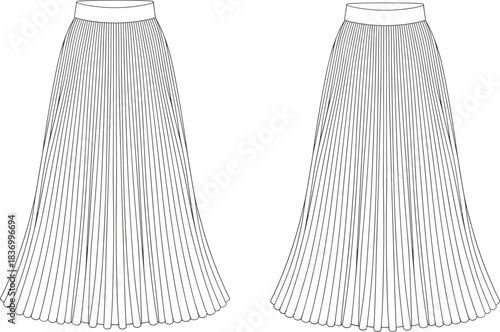 Elegant women’s pleated maxi skirt technical fashion sketch with flared silhouette, waistband detail, front and back vector apparel illustration