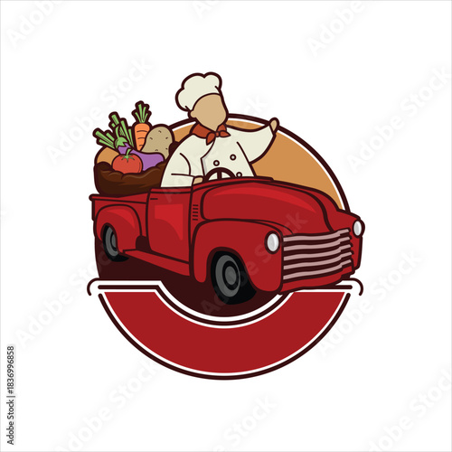 Cartoon chef delivering fresh vegetables in a red vintage truck Vector