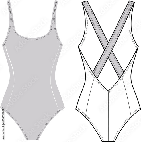 Elegant women’s bodysuit technical fashion sketch with scoop neckline front and cross-back strap design detailed vector apparel illustration