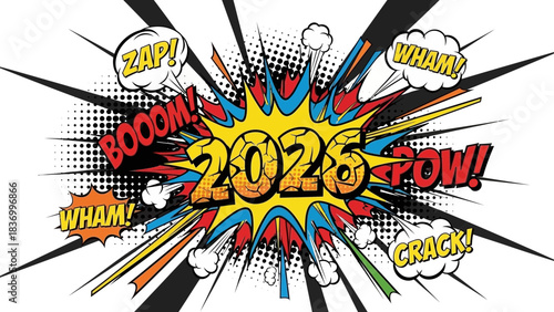 Comic book Style 2025 design: A dynamic, eye-catching comic book design element with the number 2025 as the central focus, accompanied by explosive visual effects.
