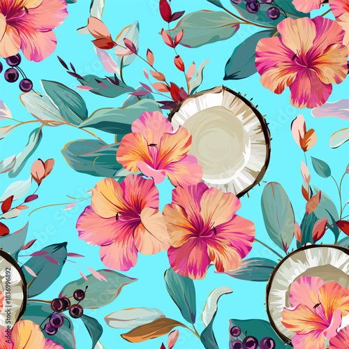 Seamless tropical sea pattern with flowers, plants, and coconuts. Paradise background, Hawaiian pattern.