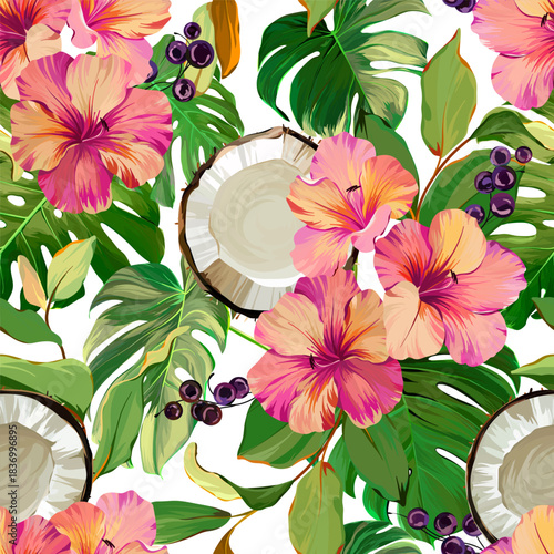 Seamless tropical sea pattern with flowers, plants, and coconuts. Paradise background, Hawaiian pattern.