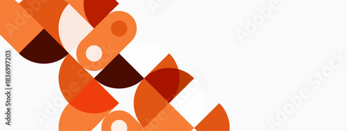 Abstract geometric shapes, orange hues, white background. Circles, squares, overlapping forms create modern design. Minimalist composition.