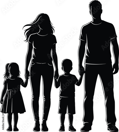Family silhouette with two children, black and white illustration, parenting and unity concept, standing pose, emotional bond, nature icon, white background
