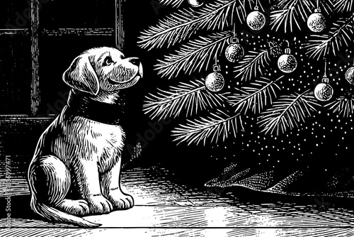 puppy wearing a red Christmas scarf sits next to a sparkling Christmas tree, creating a heartwarming and cheerful holiday moment