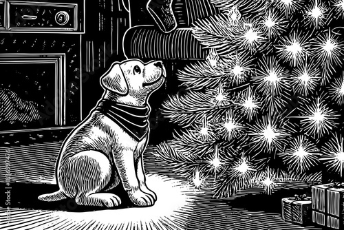 puppy wearing a red Christmas scarf sits next to a sparkling Christmas tree, creating a heartwarming and cheerful holiday moment