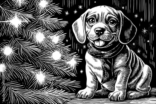 puppy wearing a red Christmas scarf sits next to a sparkling Christmas tree, creating a heartwarming and cheerful holiday moment