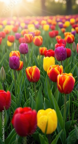 Vibrant Tulips Blooming in Sunny Spring Meadow