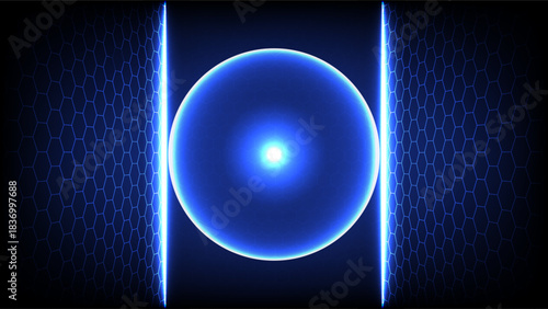 Bright blue energy sphere centered between glowing hexagon panels, creating a futuristic sci-fi technology atmosphere