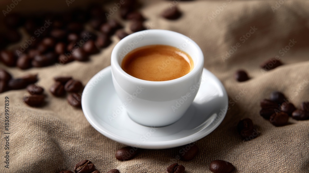 Fototapeta premium A fresh cup of espresso sits on a simple white saucer. Coffee beans surround the cup, highlighting its rich flavor. This image captures the beauty of coffee culture. AI