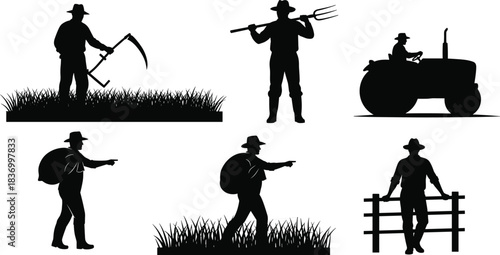 Farmer silhouette illustrations with scythe, pitchfork, sack, tractor, fence, walking, pointing, agricultural labor and rural posture set