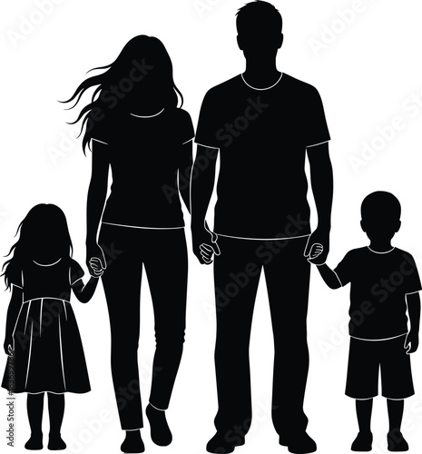 Family silhouette with two children, black and white illustration, nuclear family icon, parenting concept, standing pose, unity and love, white background