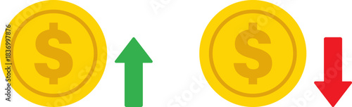 Currency Fluctuation: Dollar Coin Value Up and Down Icon Set