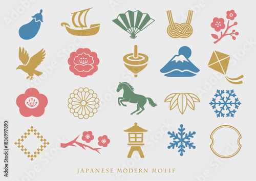 ワンカラーシルエットの冬の風物詩の和モダンアイコンセット