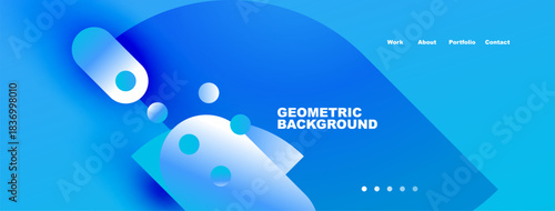 Abstract blue design features flowing shapes, gradients. Text reads Geometric Background with navigation options above. Modern, clean aesthetic.