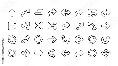 Assorted Black Outline Arrow Icons with Diverse Shapes and Movements direction navigation