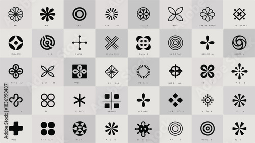 40 abstract and geometric line art icons with subtle text elements on a grid Keywords: icon, symbol, design, graphic, element, abstract, pattern, shape, minimalist, simple