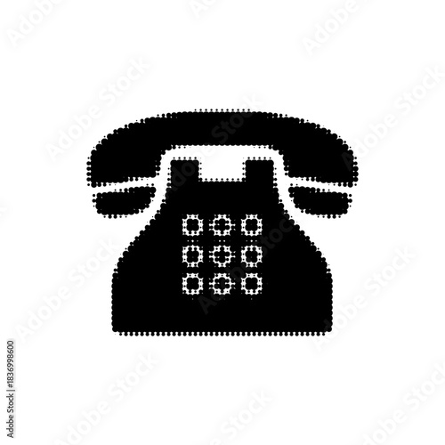 Halftone retro telephone icon in black and white, stylized vintage landline symbol with dotted texture for communication, contact, and customer service design.