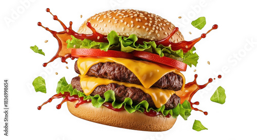 3d double cheeseburger with lettuce and tomato splash isolated on transparent background