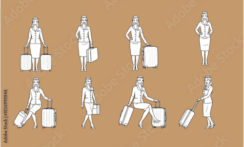 Flight attendant illustrations in uniform with suitcase, standing, sitting, pulling luggage, travel posture and hospitality gesture set