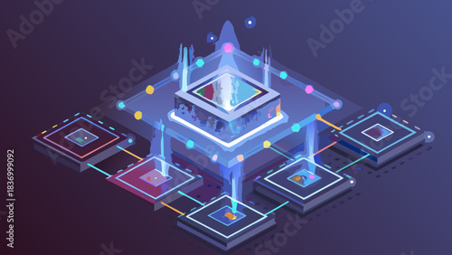 Isometric illustration of a central processing unit connected to other processors with light beams