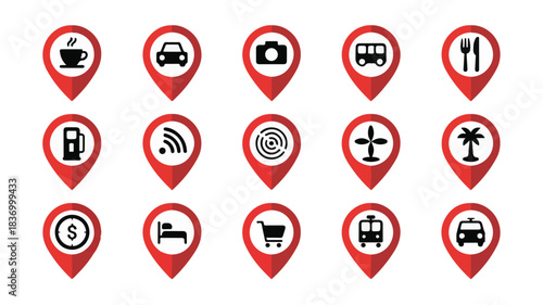 A set of 20 black and white line art icons representing various common services and places on a white background, ideal for navigation and location-based applications
