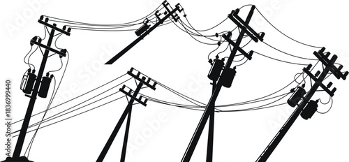 Leaning damaged utility poles vector illustration showing broken power lines, disaster electricity infrastructure collapse, dangerous tilted electric poles silhouette art design