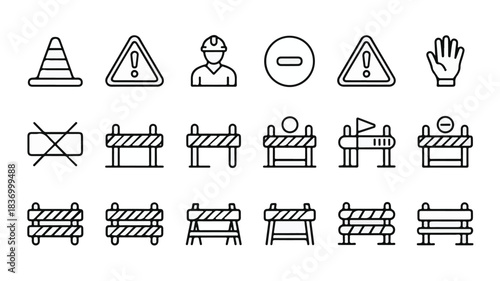 Collection of 20 black and white line art icons representing construction, safety, and traffic management elements