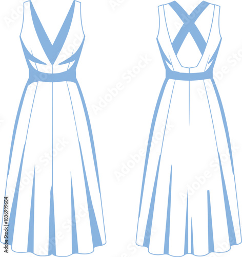 Elegant sleeveless V-neck midi dress with soft blue contrast panels, crossover back straps and flowing flared skirt fashion flat vector design