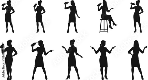 Female performer silhouettes with microphone, singing, speaking, pointing, gesturing, sitting on stool, expressive posture illustration for stage presence