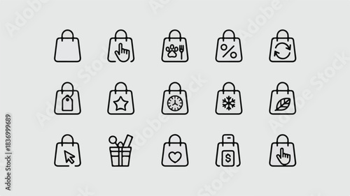 Collection of 15 Shopping Bag Icons with Diverse Symbols Representing E-commerce Features