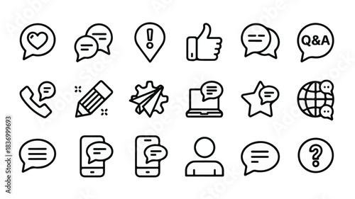 A Collection of Black and White Line Art Icons Representing Communication, Feedback, and Assistance