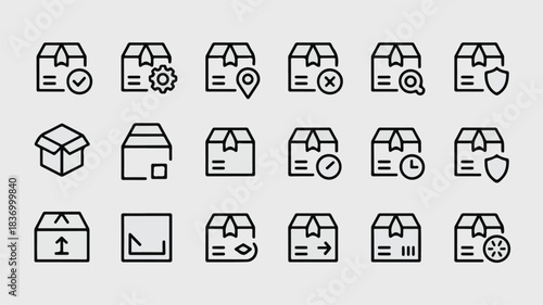Comprehensive Set of Package Delivery and Logistics Line Icons for E-commerce and Shipping Services, Featuring Tracking, Status, and Protection Symbols