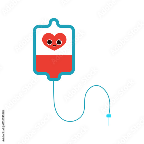 Cute medical  drip isolated on transparent background. Plastic drip bag with heart. Medical treatment and therapy. Medical tools. Single item. Cartoon flat style. Simple icon.  Vector illustration.