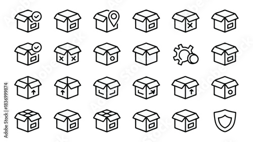 A versatile set of 20 black and white line art icons representing various aspects of shipping, logistics, and package handling