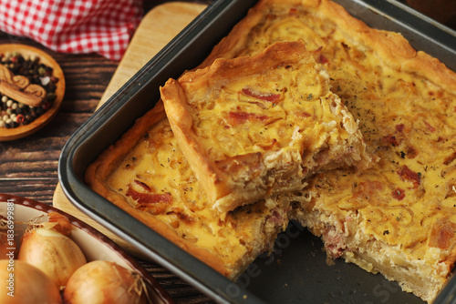 Zwiebelkuchen, a pie with onion and bacon, traditional German dish	