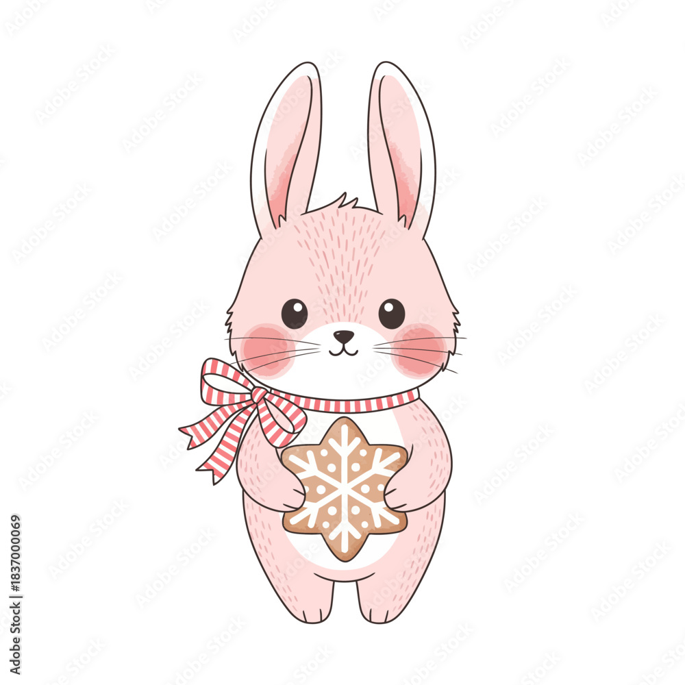 Fototapeta premium Adorable flat illustration of a cute pink christmas character rabbit holding a snowflake cookie, embodying the spirit of winter holidays and festive christmas ornaments