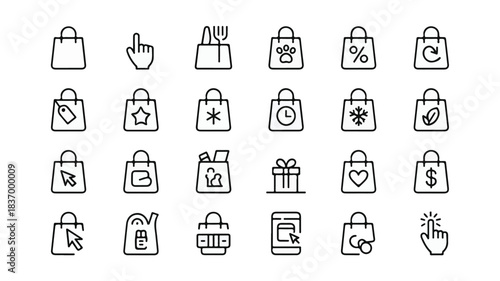 A comprehensive collection of black and white line art e-commerce icons featuring diverse shopping bag symbols for online stores and digital retail applications, perfect for modern web and app design