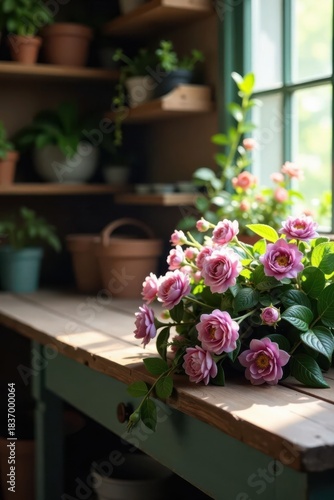 A bouquet of delicate pink roses rests on a rustic wooden workbench, bathed in sunlight streaming through a window, surrounded by potted plants on shelves.
