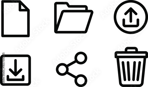 Versatile collection of essential outline user interface icons for modern digital applications, representing file management, data transfer, content sharing, and deletion functionalities
