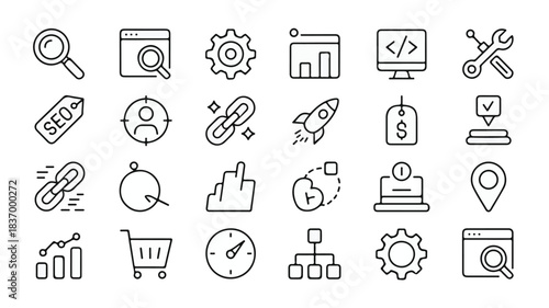 A versatile set of modern black and white line art icons depicting essential concepts for SEO, digital marketing, web analytics, and business growth strategies. Ideal for clean design projects